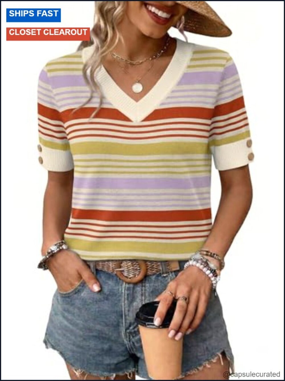 Short Sleeve V-Neck Sweater Lightweight Knit Top Button Detail